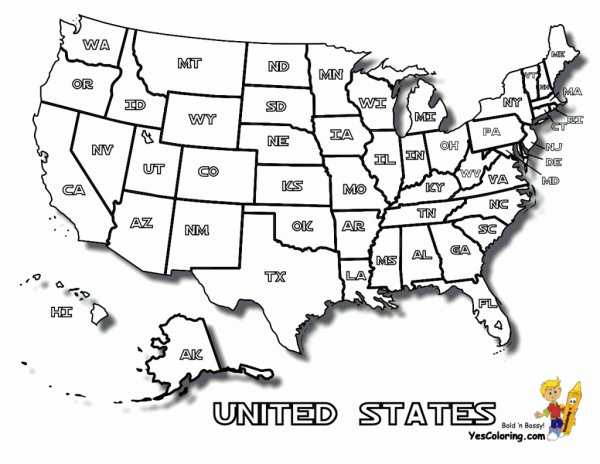 Карта США со Штатами черно белая