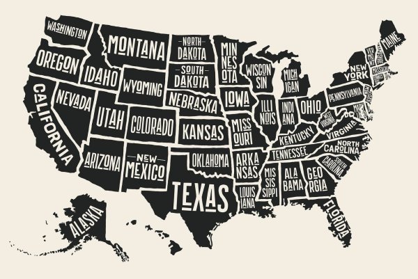 Карта США со Штатами черно белая