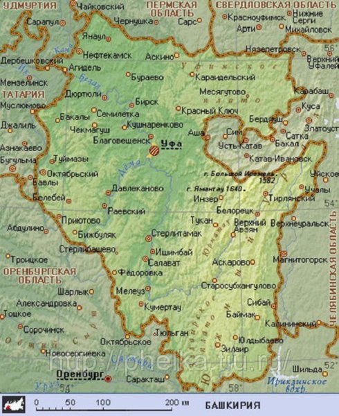 Карта Башкирии с городами
