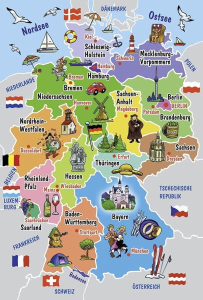 Карта Германии с 16 федеральными землями
