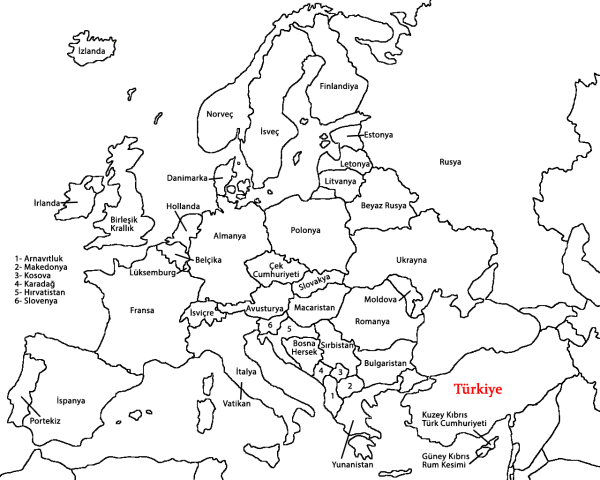 Контурная карта Европы со странами и столицами