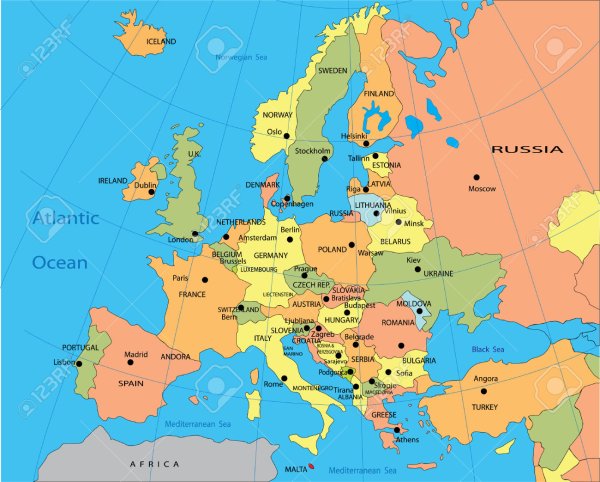 Карта Европы с государствами и столицами
