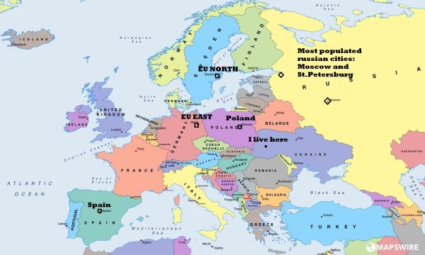 Карта Европы с границами государств 2022 года