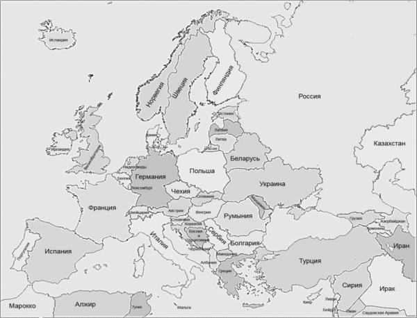 Контурная карта Европы с границами государств