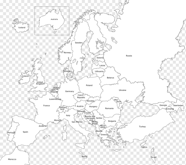Контурная карта Европы с границами государств и столицами