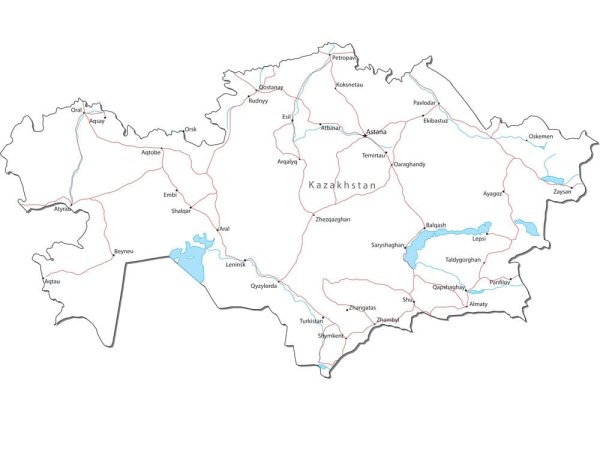 Физическая карта Казахстана контурная карта