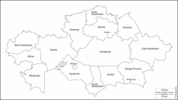 Физическая карта Казахстана контурная карта
