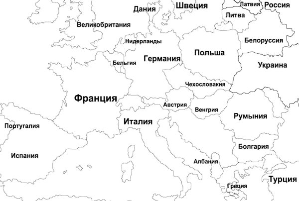 Контурная карта Европы с названиями