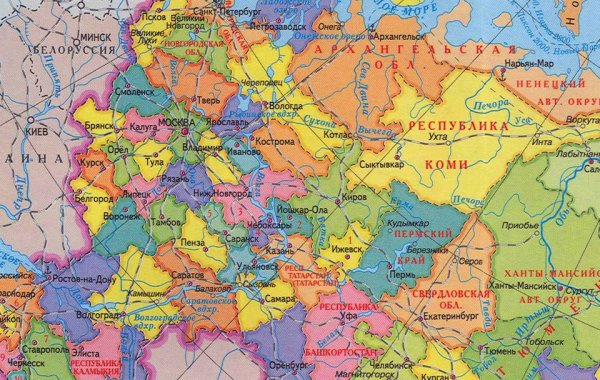 Карта областей РФ европейская часть