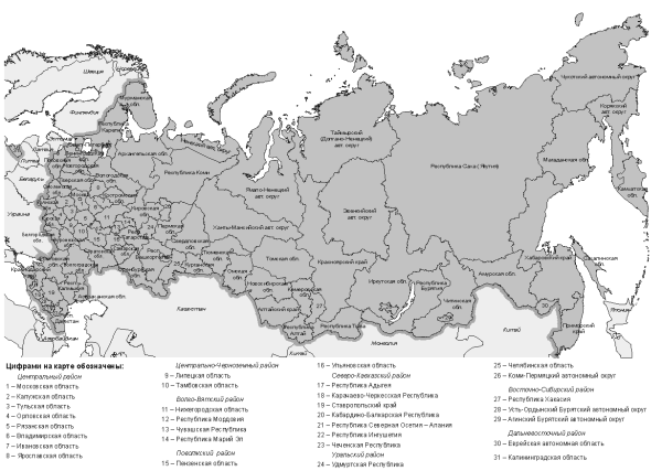 Контурная карта административного деления России на субъекты РФ