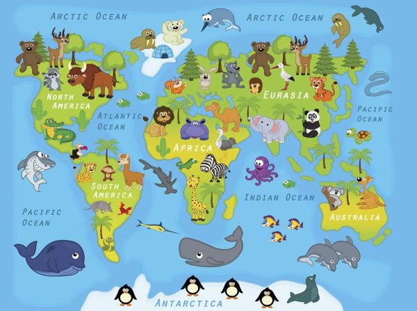 Карта мира с животными для детей
