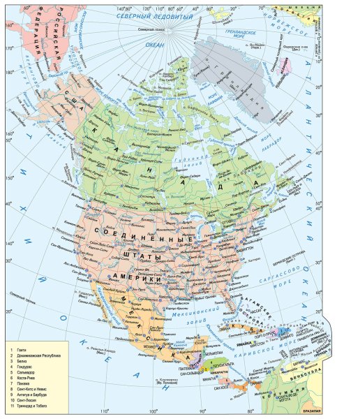 Карта Северной Америки со странами крупно