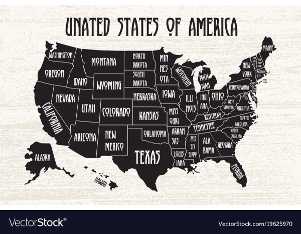 Карта США со Штатами черно белая
