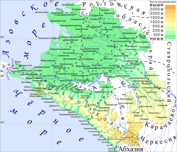 Карта Краснодарского края подробная с городами