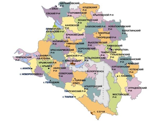 Краснодарский край карта с городами и поселками