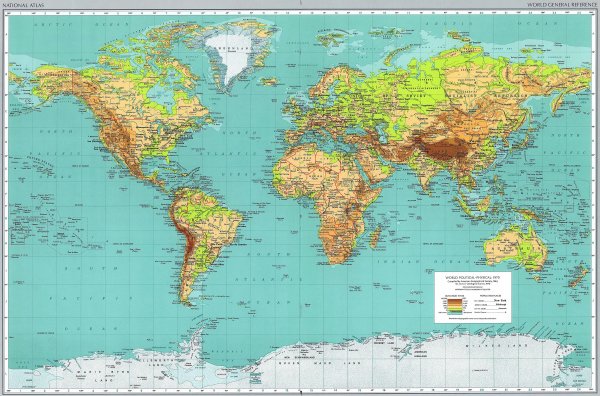 Физическая карта мира в крупном масштабе