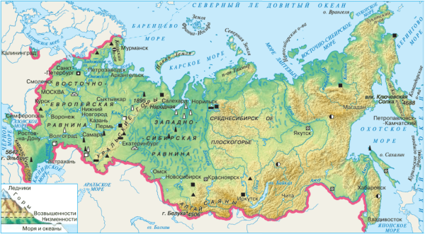 Карта равнин и гор России 4 класс