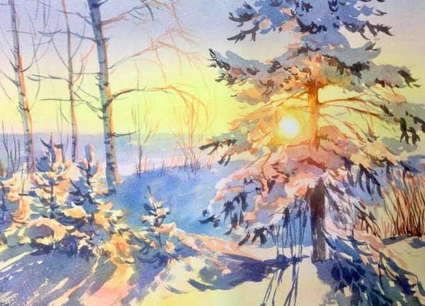 Рисование зимнее солнце акварелью