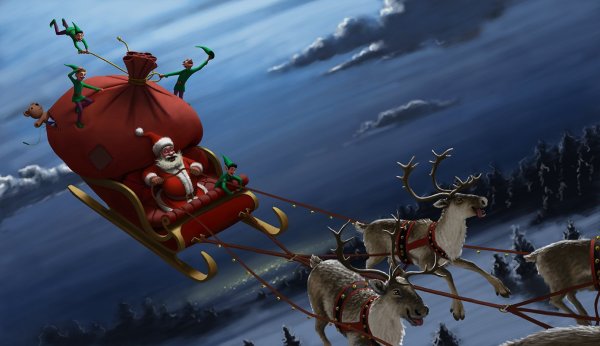 Санта Клаус и эльфы в санях