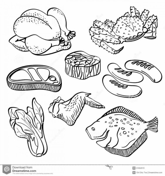 Рыбная и мясная продукция раскраска
