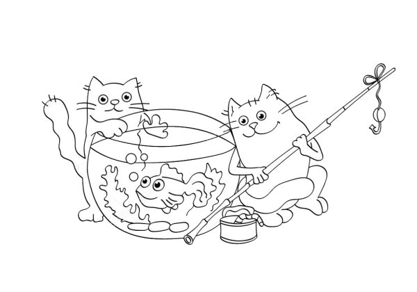 Раскраска кошка с рыбкой