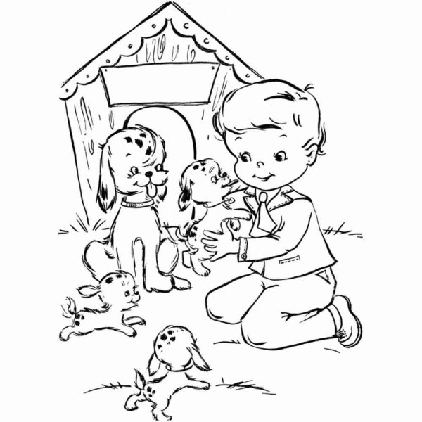 Раскраска мальчик с собакой