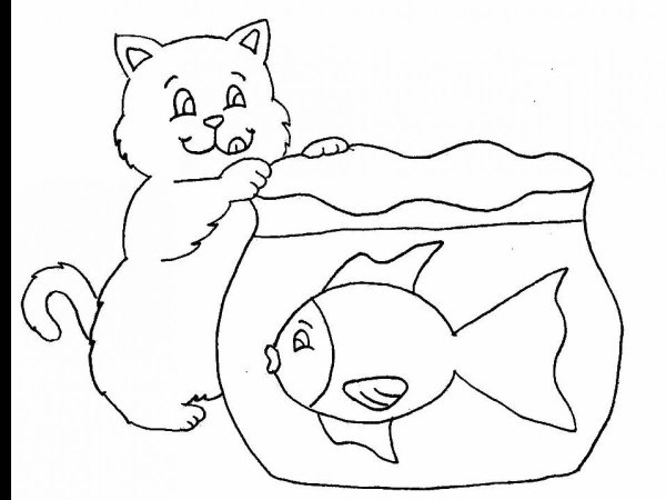Кот с рыбкой раскраска