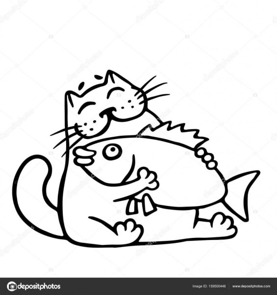 Раскраска котик с рыбкой