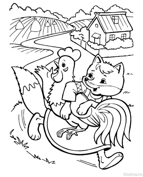 Кот петух и лиса раскраска