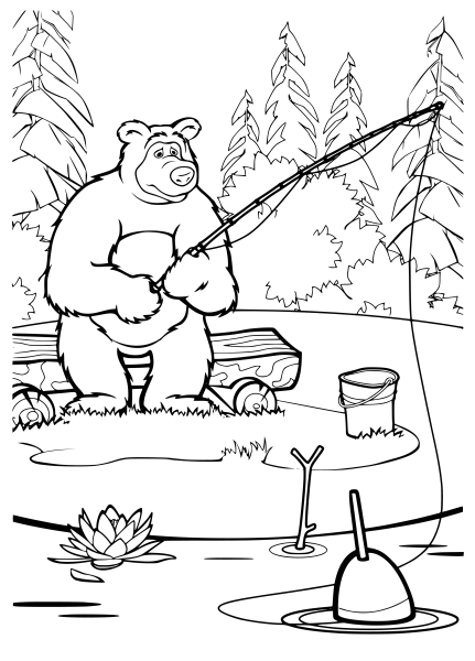 Раскраска Маша и медведь рыбалка