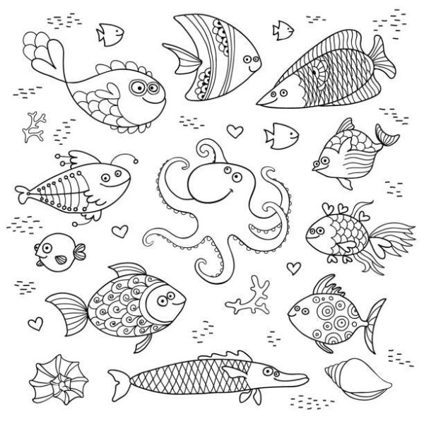 Раскраска мелкие рыбки для детей