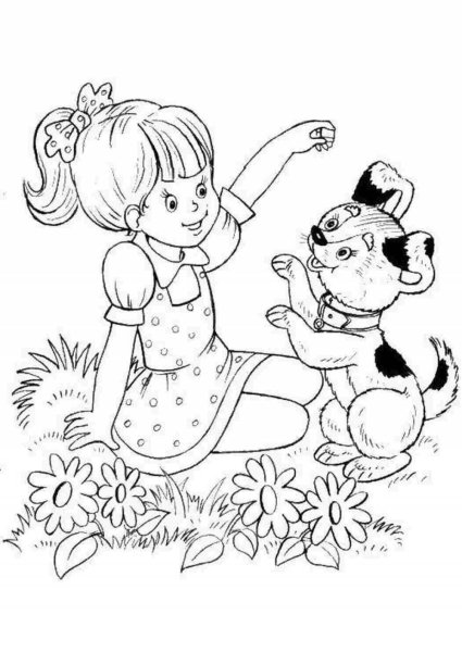 Девочка со щенком раскраска для детей