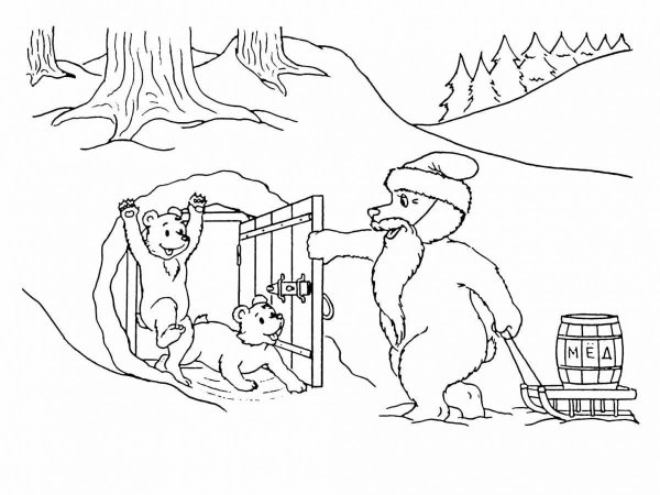 Медвежонок в лесу зимой раскраска