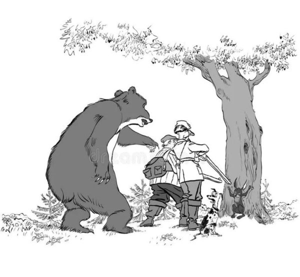 Карикатура медведь и охотник