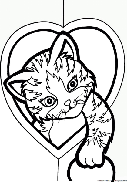 Раскраска котенок с сердечком