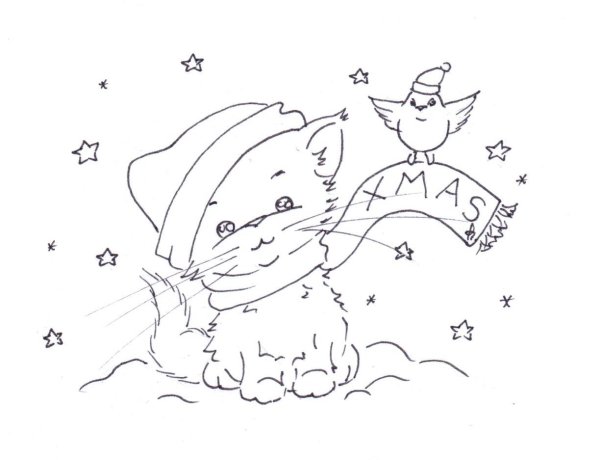 Зимняя кошка рисунок раскраска