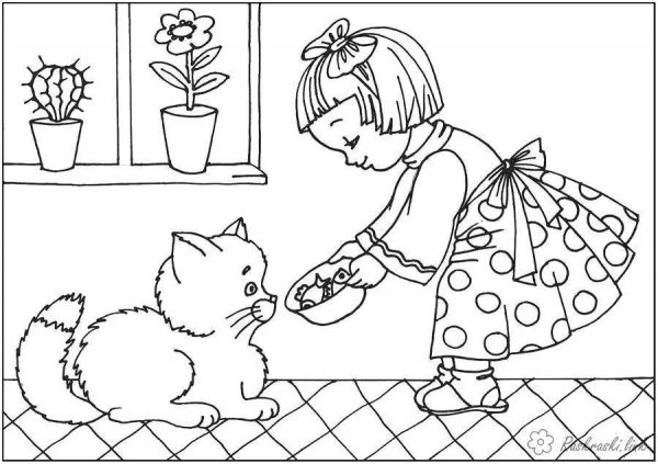 Раскраска кошка с котятами