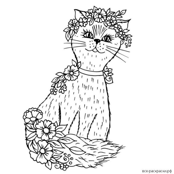 Кот с цветами раскраска