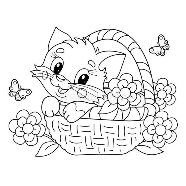 Раскраска кошечка в корзинке