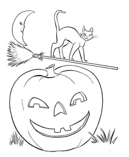 Кошка на Хэллоуин раскраска