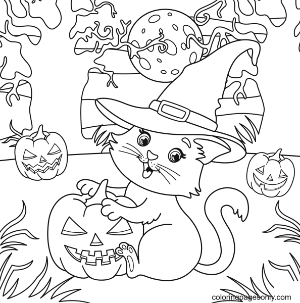 Кошка на Хэллоуин раскраска