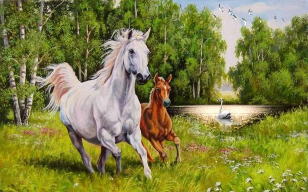 Алмазная мозаика кони на лугу