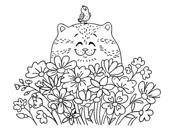 Раскраска котик с цветами