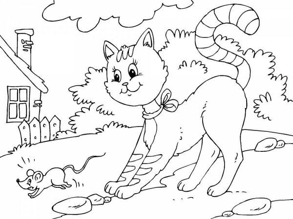Кошка с мышкой раскраска для детей
