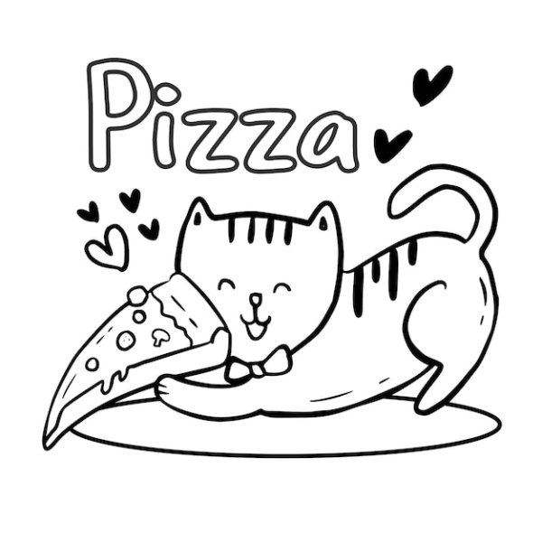 Котенок с пиццей раскраска