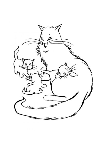Разукрашка кошка с котятами