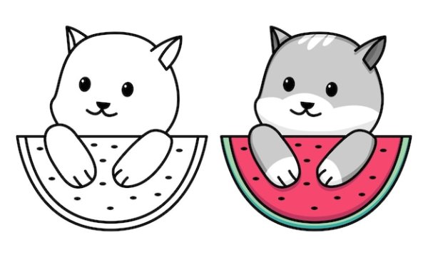 Раскраска котик с арбузом для детей