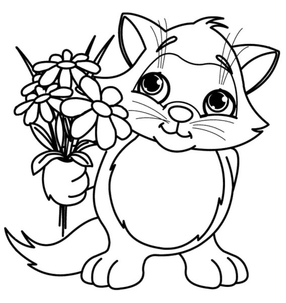 Котик с цветком раскраска