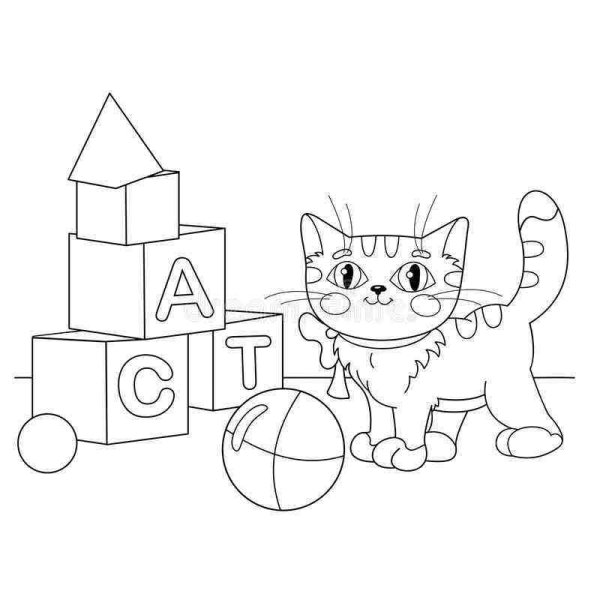 Раскраска котик с мячиком