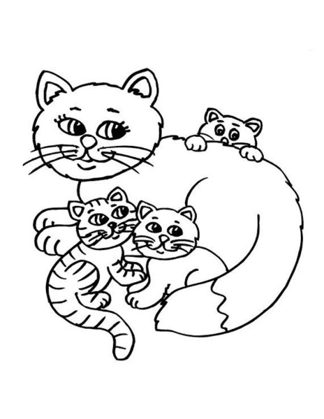 Раскраска кошка с котятами